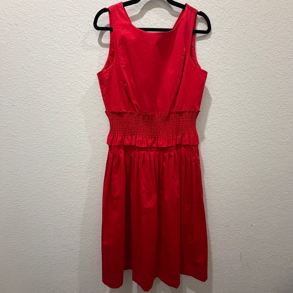 Antonio Melani Red Smocked Waist Pleated Midi Dress Womens 12 V-Back Sleeveless